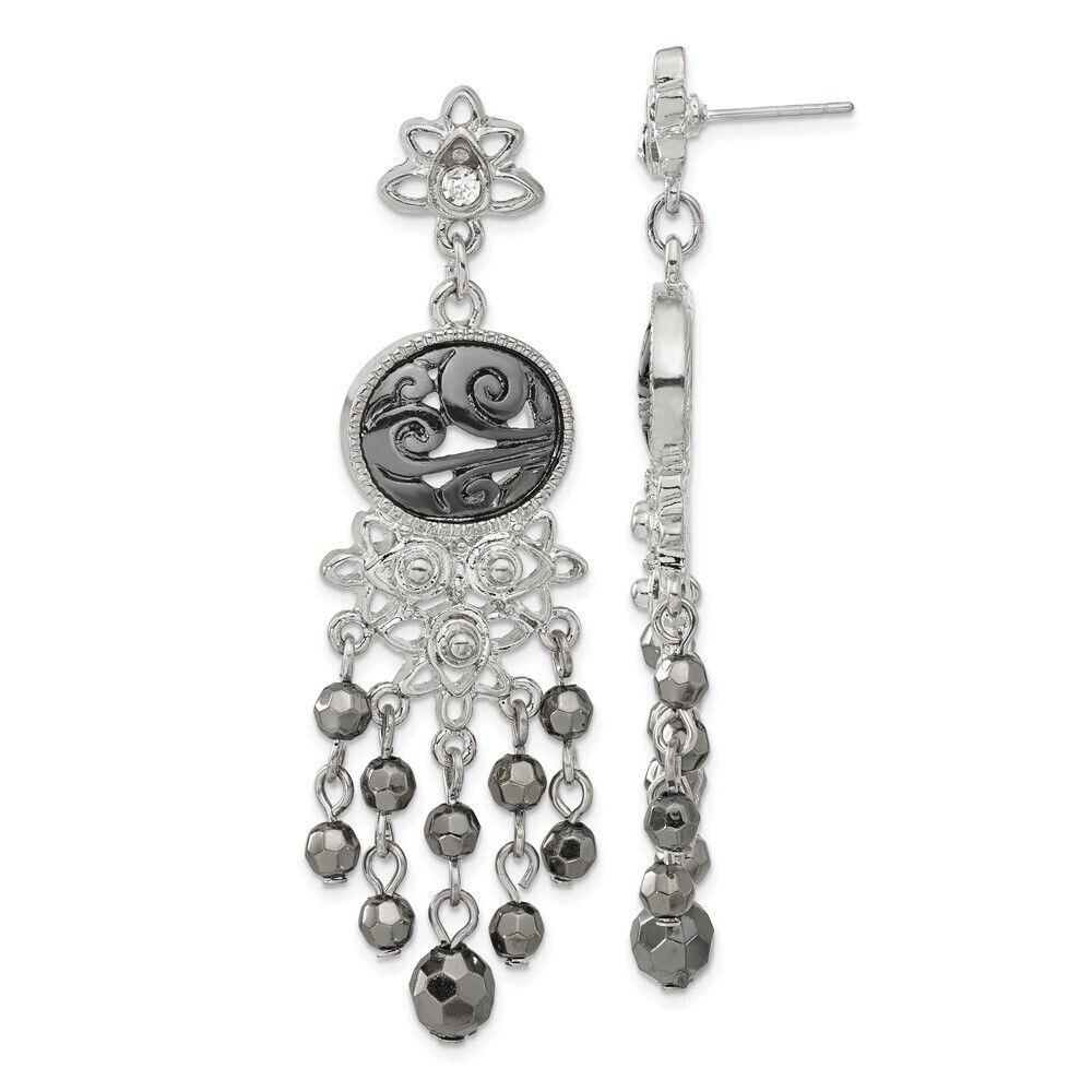 1928 Filigree & Hematite Faceted Acrylic Beads Long Dangle Post Earrings